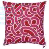 A SÖTRÖNN cushion cover in vibrant pink-red with abstract, swirling shapes, made from 100% cotton.