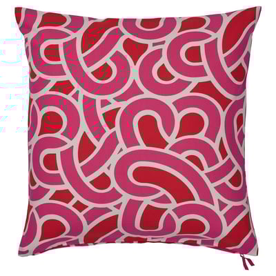 A SÖTRÖNN cushion cover in vibrant pink-red with abstract, swirling shapes, made from 100% cotton.