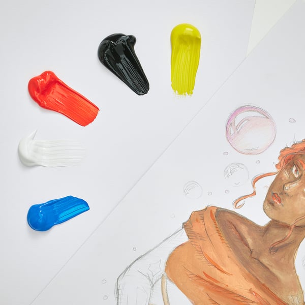 Five vibrant colored acrylic paints sit atop a partial art canvas. How the paint covers and blends, showcasing its thick consistency and ease of use.