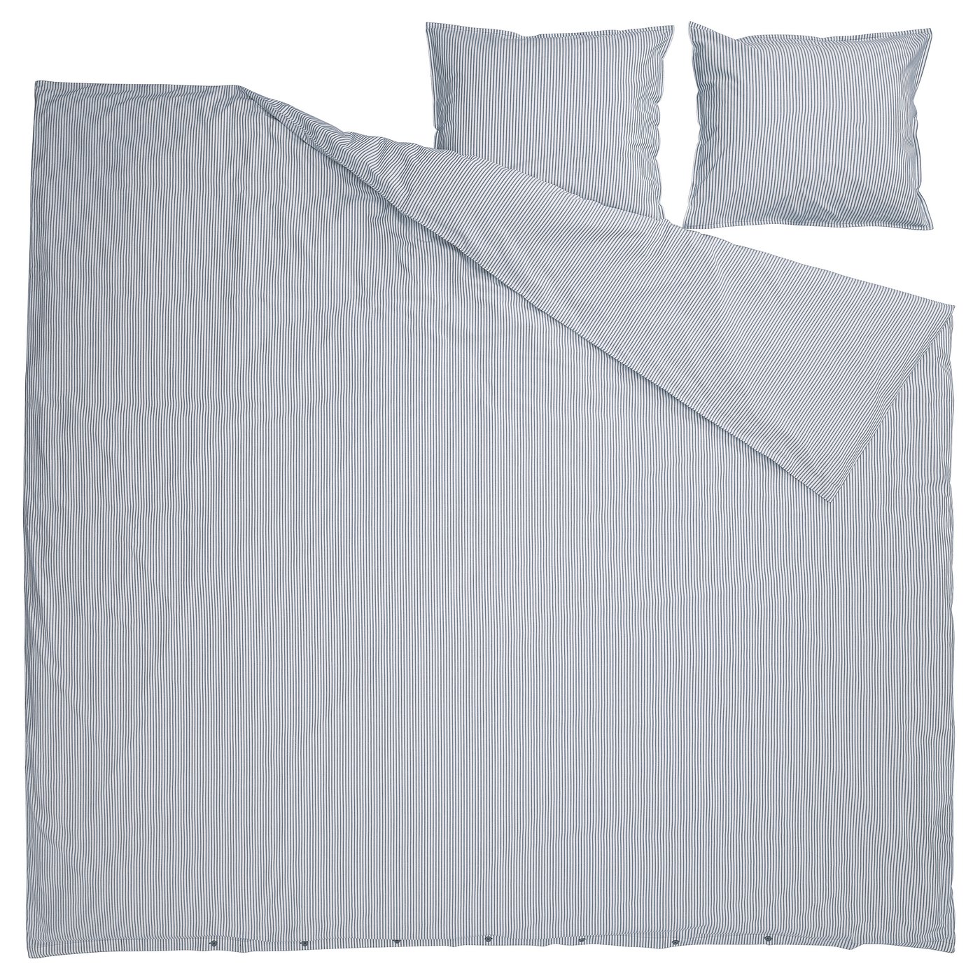 Blue and white striped bedding set, featuring duvet cover and pillowcases, made from recycled cotton.