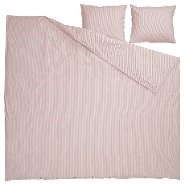 Striped SOLFIBBLA bedding set, orange-red and white, cotton, rectangular, with matching pillows.
