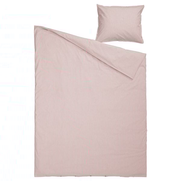 Striped bedding set in red and white with matching pillow, made from recycled cotton.