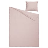 Striped bedding set in red and white with matching pillow, made from recycled cotton.