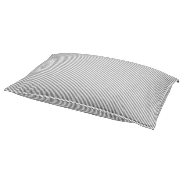 A SOLFIBBLA pillow in grey with white stripes, featuring a rectangular shape with soft cotton material.