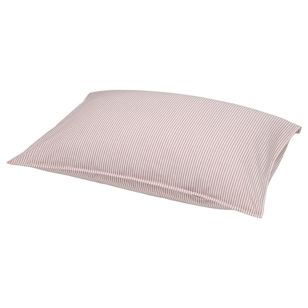 A SOLFIBBLA pillow in red and white stripes. Its rectangular, soft, and made from breathable recycled cotton.