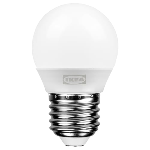 Ikea SOLHETTA bulb, white, spherical shape, durable plastic cover.