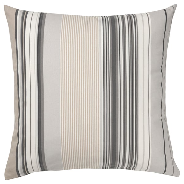 Square throw pillow with grey and beige stripes on cotton.
