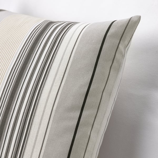Stylish cushion with grey and beige stripes. Soft, high-quality cotton feel. Hidden zipper for easy cover removal.