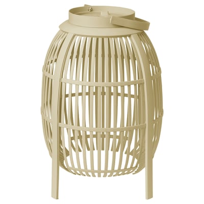 SOLVINDEN lamp: cream, round bamboo shape, stand, decorative slats, indoor/outdoor use.