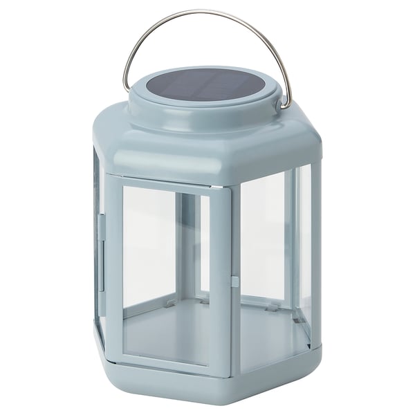 SOLVINDEN solar lantern: light blue, metal & plastic, cubic shape, top handle, glass panel.
