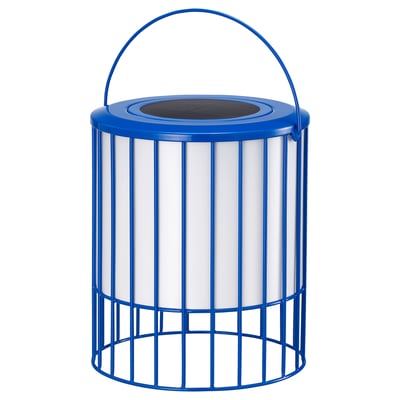 Blue cylindrical SOLVINDEN solar lamp with grid design and handle on top.