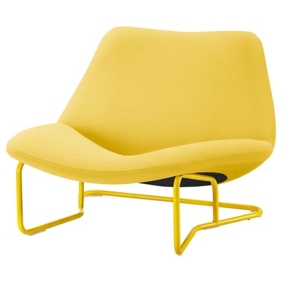 Bright yellow modern chair with curved, metal legs, designed by gillis lundgren.