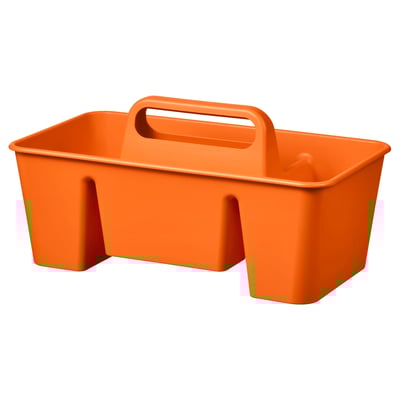 Bright orange STACKSTOD storage caddy with two compartments and a sturdy handle, made of recycled polypropylene plastic.