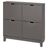 Ikea STÄLL gray shoe cabinet, rectangular shape with four compartments, sleek design and metal-edged handles.