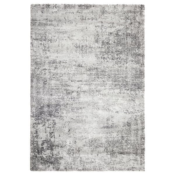Grey rectangular rug, low-pile, mottled design, durable & soft.