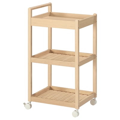 STEGESUND: wooden, light brown trolley with 3 shelves and wheels. Simple, functional design for storage.