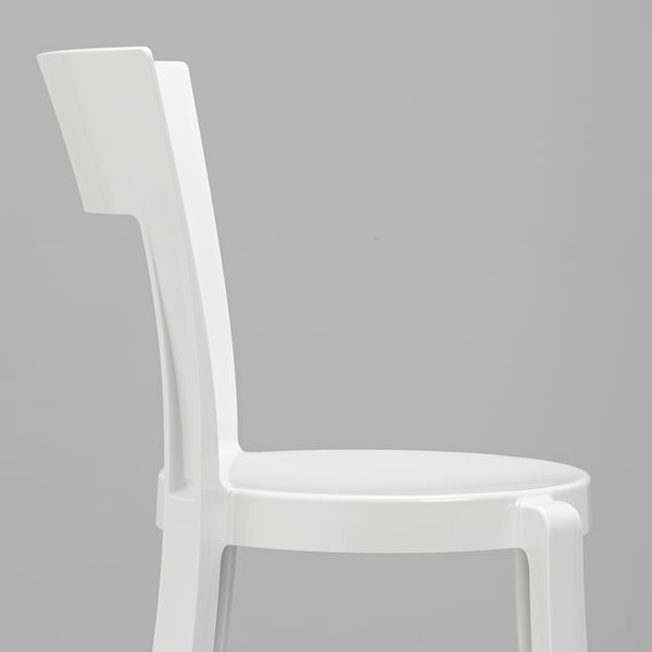Modern white stackable chair with plastic seat and backrest.