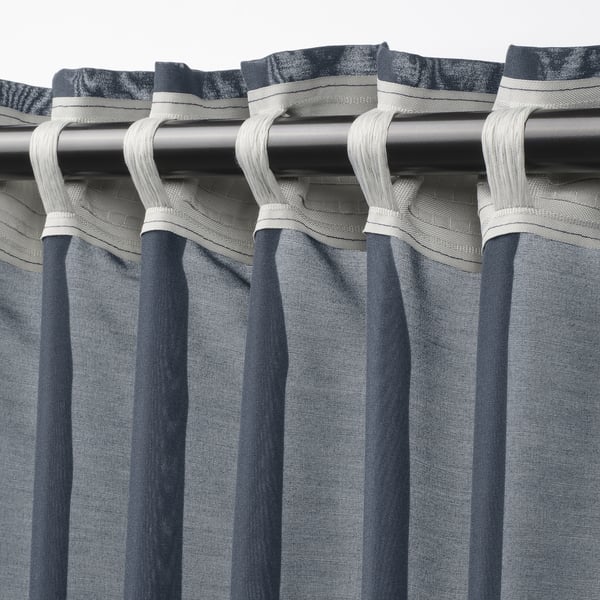 Curtains with loops on rod, sheer fabric, stripe pattern, blue-gray, soft light diffusion.