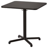 A black STENSELE square café table. It a sleek design with a sturdy metal base and a laminate tabletop, perfect for small spaces and casual use.