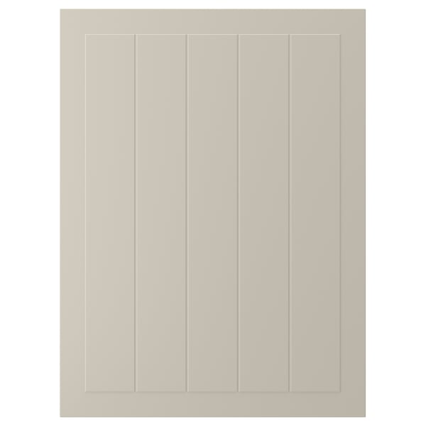 Is of a STENSUND beige cabinet door with vertical grooves. It a smooth, lacquered surface and a rectangular shape.