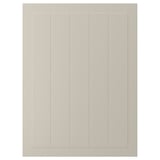 Is of a STENSUND beige cabinet door with vertical grooves. It a smooth, lacquered surface and a rectangular shape.