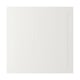 A white STENSUND cabinet door with grooved panels. The rectangular door a smooth, lacquered surface made of fiberboard.