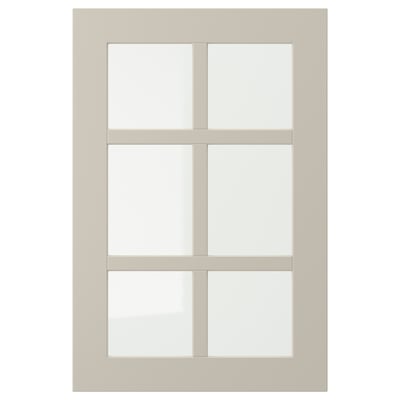 Beige STENSUND cabinet with glass panels, rectangular, fiberboard and tempered glass.