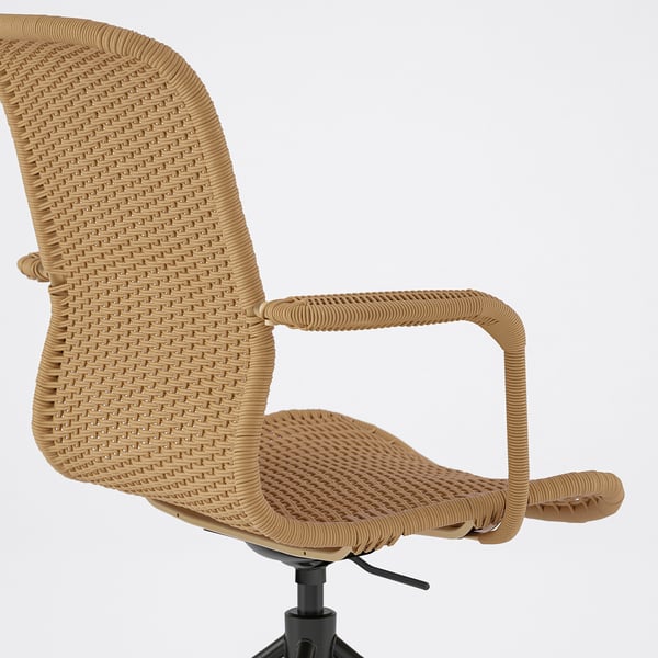 Wicker office chair with curved armrests, handwoven, and adjustable height, showcasing high craftsmanship and quality.