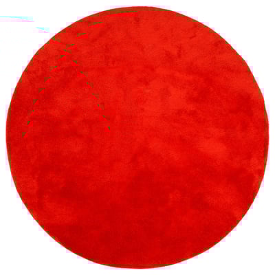 Circular, vibrant red IKEA rug, soft texture, dense pile for comfort and sound absorption.