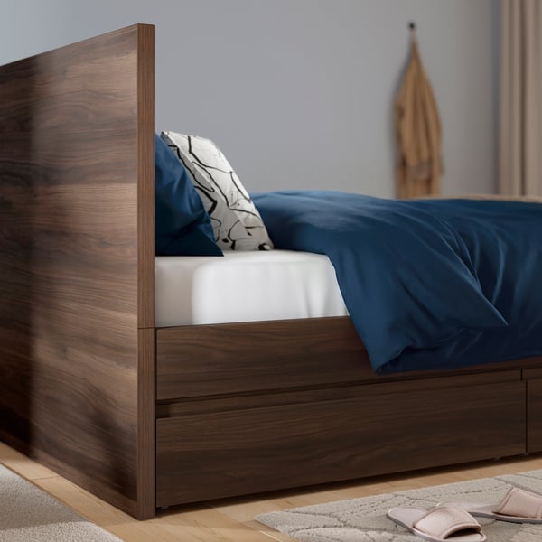 STORKLINTA Bed frame with 2 storage boxes, dark brown oak effect, 160x200 cm