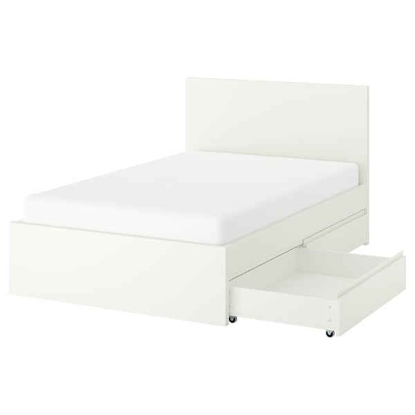 White STORKLINTA bed with underbed storage, sleek design, sturdy.