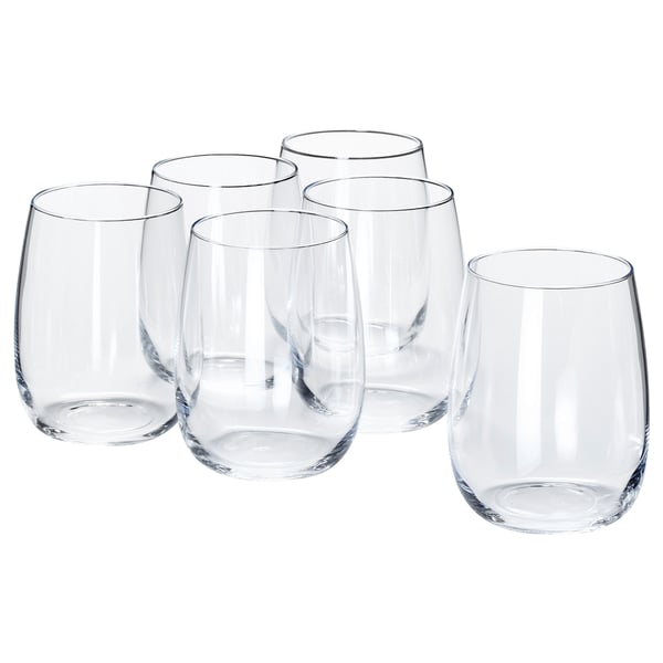 Six clear, crystalline wine glasses in a simple, elegant design, arranged in a group.