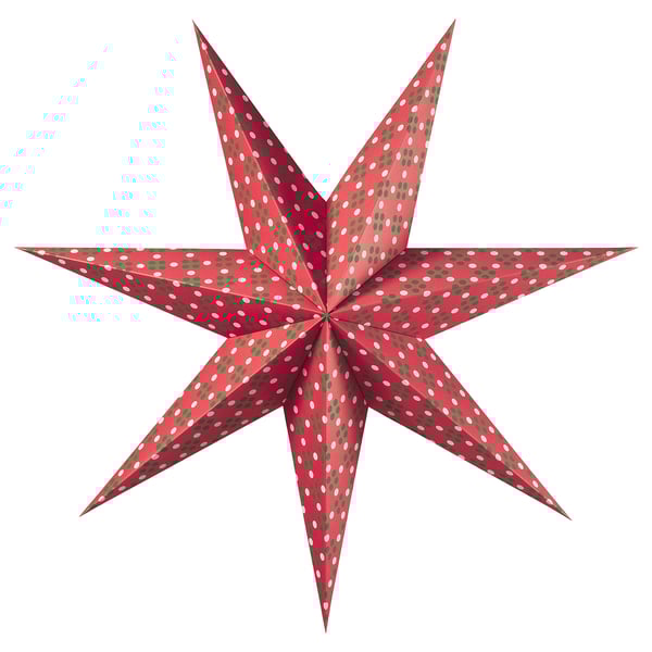 Red paper star lantern, green and white dots, 3d design, festive decoration.