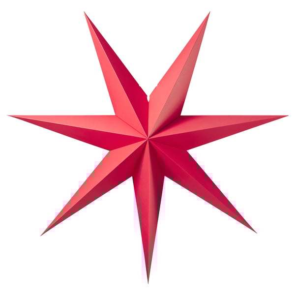 A red star-shaped lamp with eight points, featuring a modern and minimalist design, made from paperboard and polycarbonate.