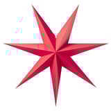 A red star-shaped lamp with eight points, featuring a modern and minimalist design, made from paperboard and polycarbonate.