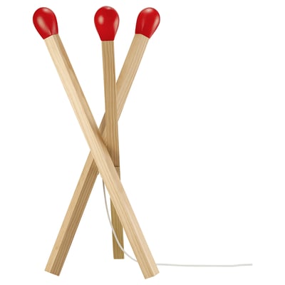 STRÅLA lamp, red, wooden match design, dimmable, natural pine.