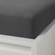 Black fitted sheet with elastic edges on white bed frame.