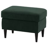 Dark green upholstered footstool, rectangular, four black tapered legs.