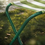 Close-up of green powder-coated metal frame of outdoor chair, showcasing sturdy design.