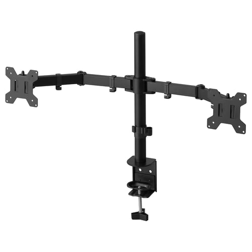 A black dual monitor arm named STUBBERGET, made of steel and plastic, with adjustable angled arms for ergonomic use.