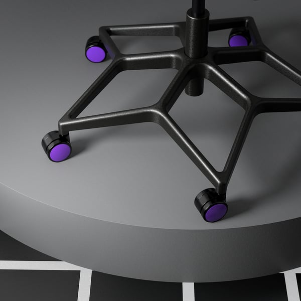 Styrspeel gaming chair base, black metal, five purple wheels, circular grey base.