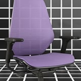 Purple gaming chair with adjustable armrests and mesh back. Black base, modern design for comfort.