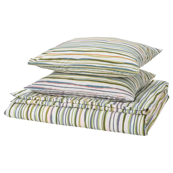 Striped bed sheet set, SUMPGRÖE, multicolored, polyester/viscose, square, smooth texture.