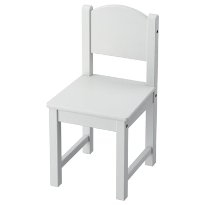 SUNDVIK white kids chair, wooden, simple design, square seat, back support.