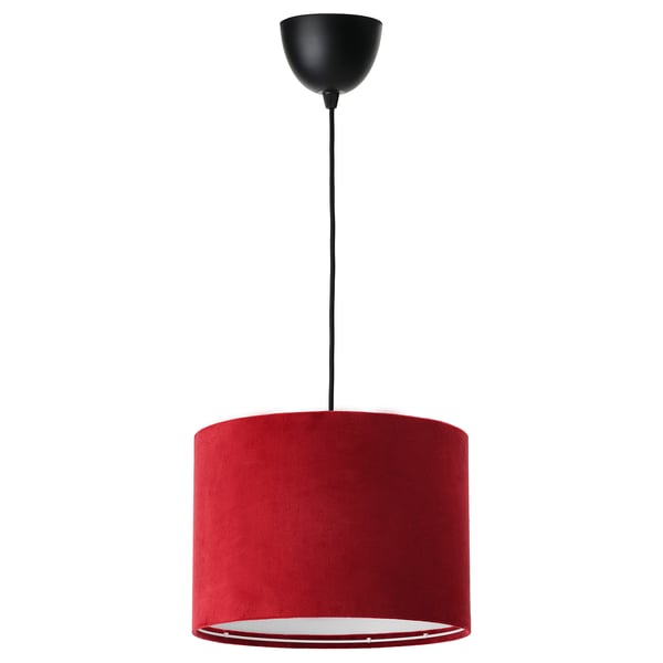 Red velvet pendant lamp, SUNNEBY, hangs from black cord, warm and soft lighting, cylindrical shade.