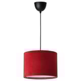 Red velvet pendant lamp, SUNNEBY, hangs from black cord, warm and soft lighting, cylindrical shade.