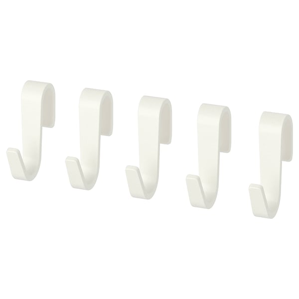 Four white plastic hooks in a row, designed for wall mounting, ideal for kitchen storage.