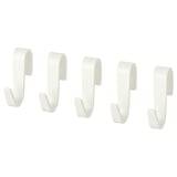 Four white plastic hooks in a row, designed for wall mounting, ideal for kitchen storage.