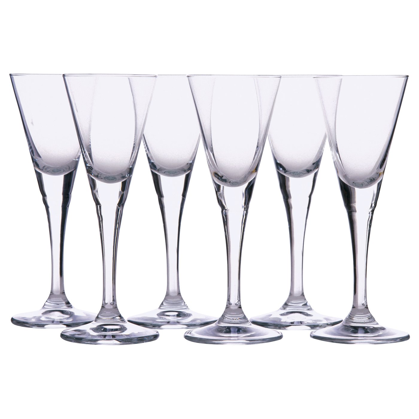 Six clear glass SVALKA wine glasses in classic design, standing upright in a row.