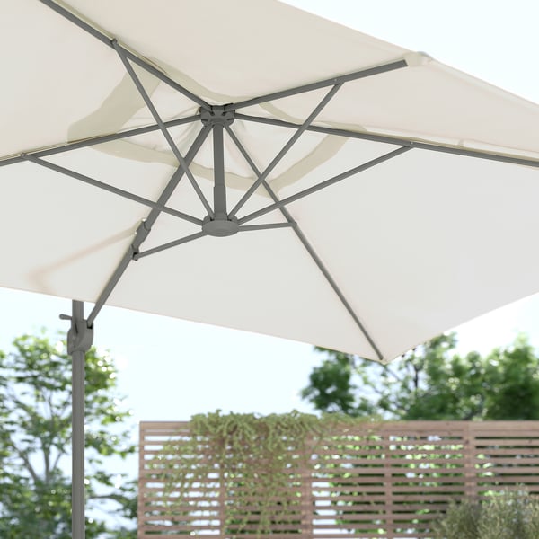 SVALÖN Parasol, hanging with base, light grey-beige/Hjältön grey, 300x200 cm